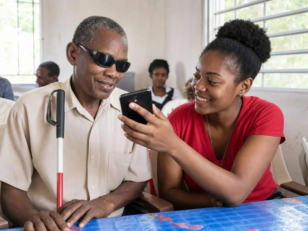Un homme aux lunettes noires, sa canne blanche à côté de lui, écoute un téléphone que lui tend une jeune femme assise à ses côtés.