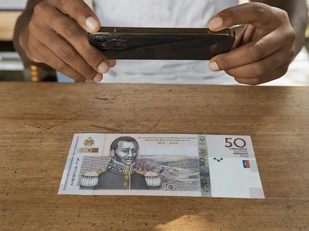 Une main tient un téléphone à plat au-dessus d'un billet de gourdes posé sur une table.