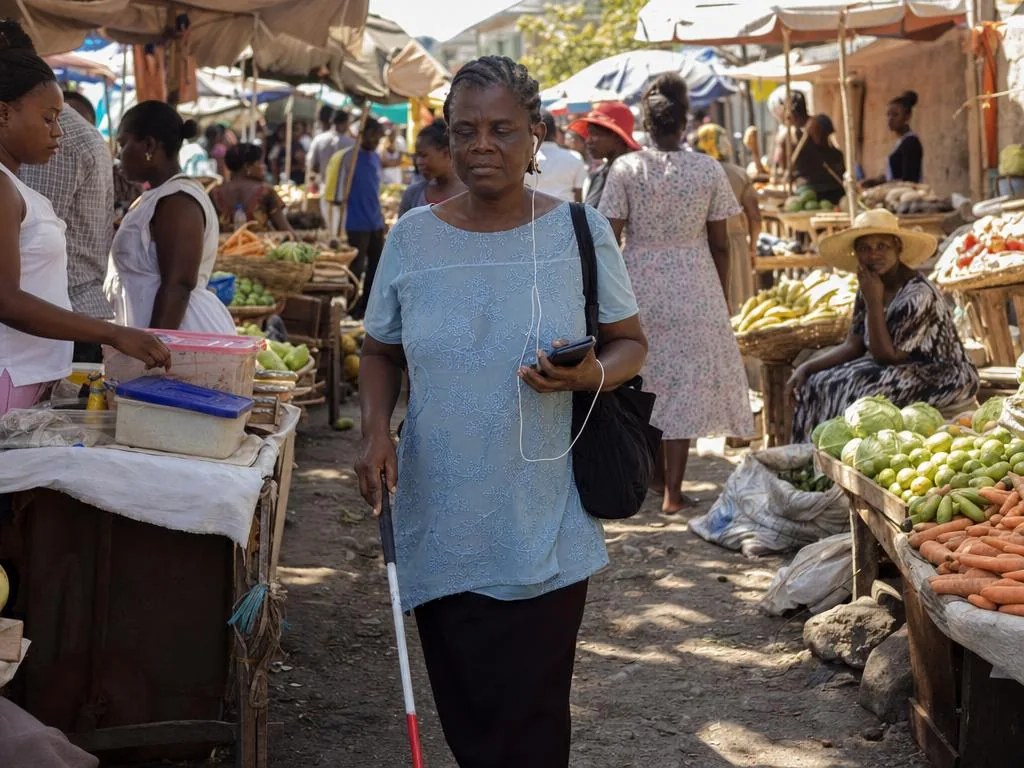 Une femme avec une canne blanche et un écouteur marche dans un marché animé, téléphone en main.
