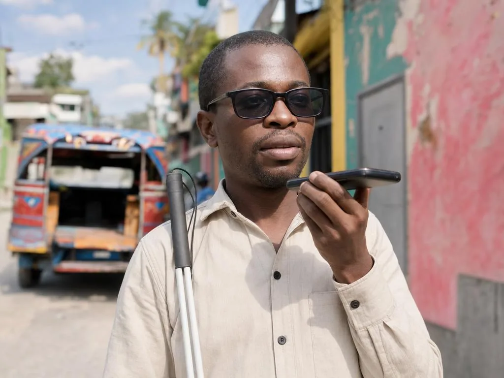Un homme aux lunettes noires, une canne blanche à la main, parle à son téléphone dans une rue colorée de Port-au-Prince.