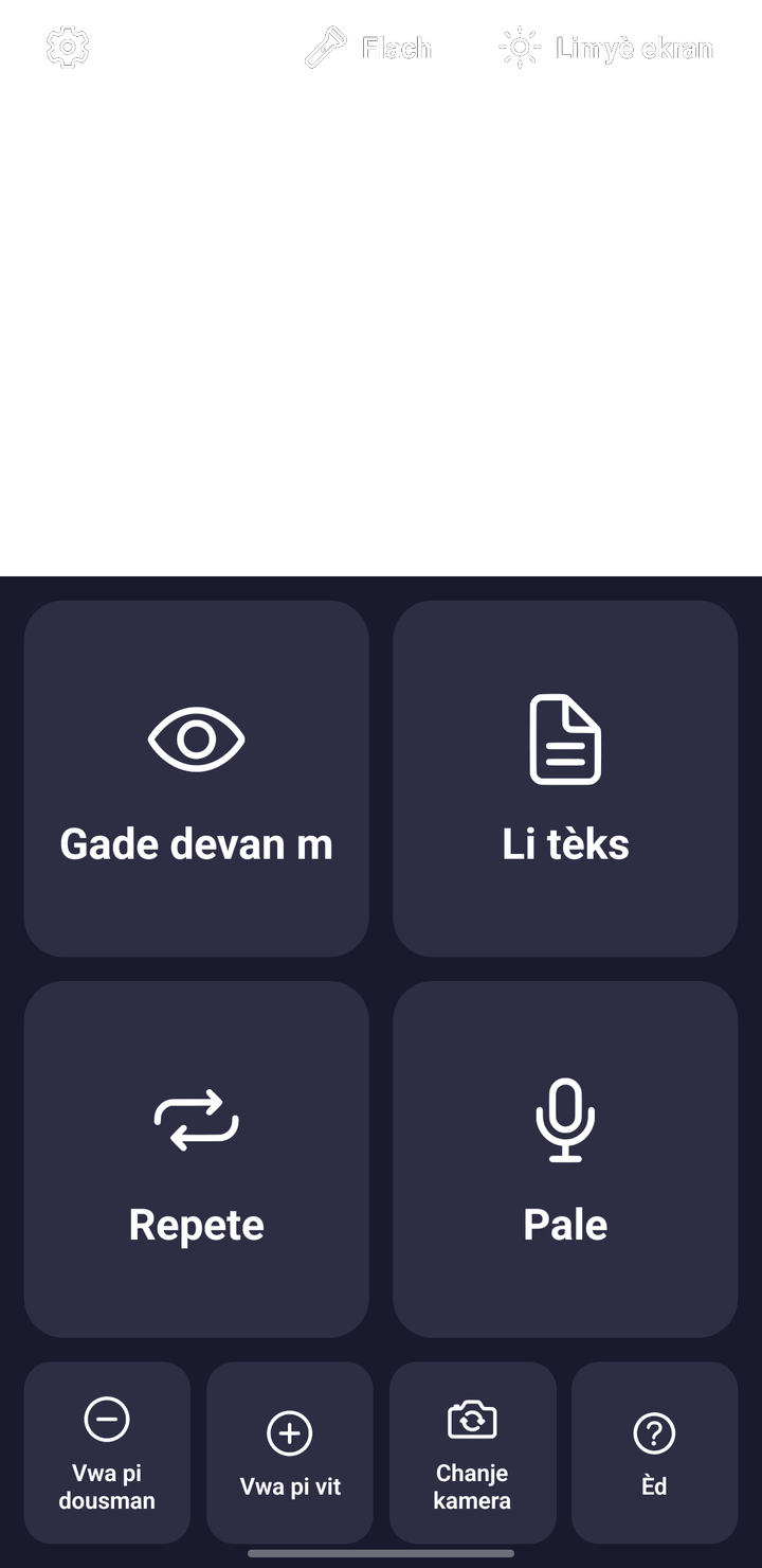 L'écran principal de l'application : en haut l'image de la caméra, en dessous quatre grands boutons, Gade devan m, Li tèks, Repete et Pale.
