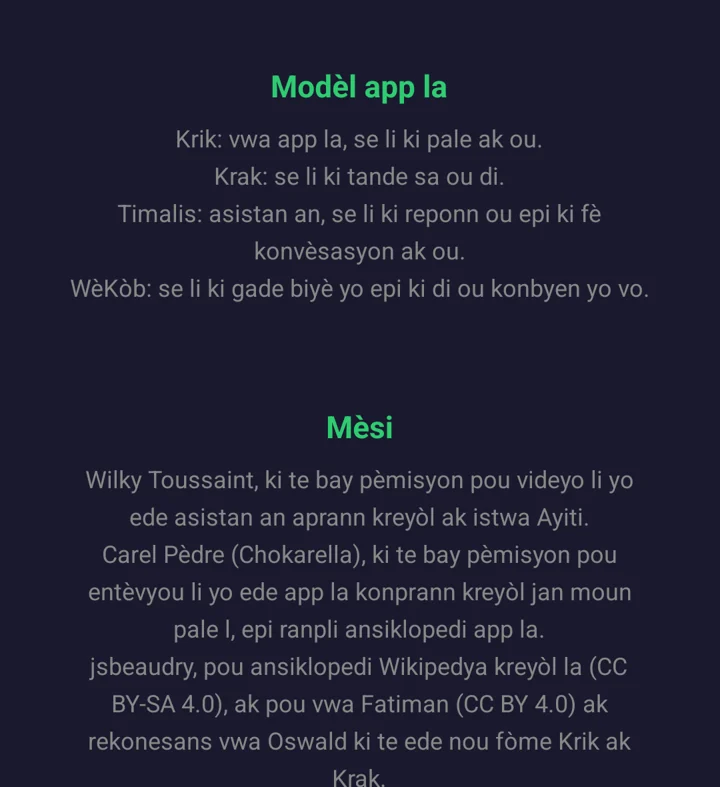 La page Paramet de l'application, section Modèl app la, qui présente Krik, Krak, Timalis et WèKòb en créole.